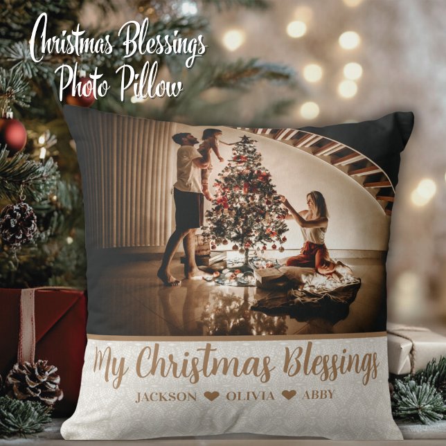 Anpassningsbarna Foton och text för min julvälsign Kudde (My Christmas Blessings Custom Photo and Text Throw Pillow - Add your favorite photo and custom text.)