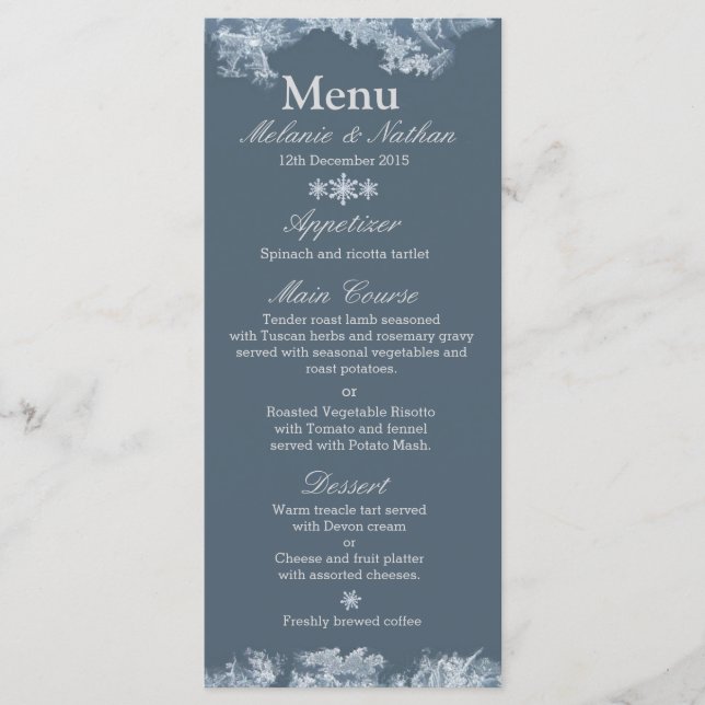 Anpassningsbarna Frosted Blue Winter Wedding Meny (Framsida)