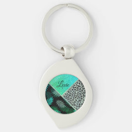 Anpassningsbarna Glittery Teal Tropical Leopard Pr Swirl Silverfärgad Nyckelring