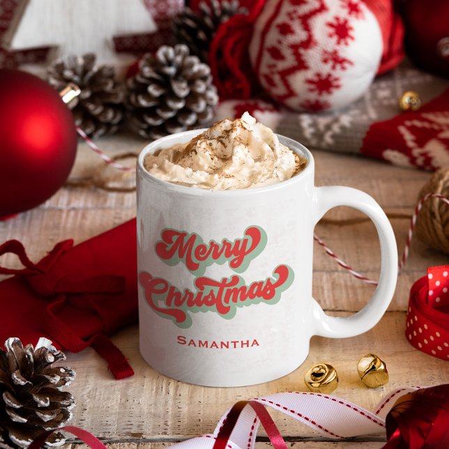 Anpassningsbarna god jul Cute Retro Typography Kaffemugg (Merry Christmas Simple retro style typography mug.)
