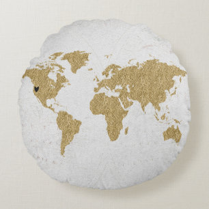 Anpassningsbarna Gold Foil World Map - rörlig hjär Rund Kudde