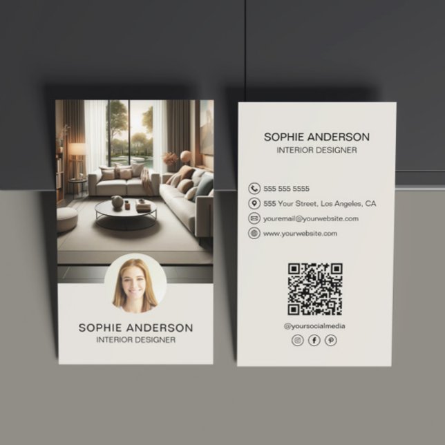 Anpassningsbarna Insida Designer Photo QR Social M Visitkort (Interior Designer Custom Photo QR Social Media Business Card)