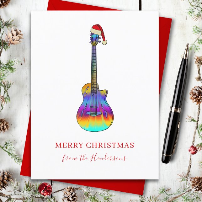 Anpassningsbarna Jul Guitar Helg Vykort (Christmas guitar custom holiday greetings card fun colorful electric guitar wearing a santa hat)