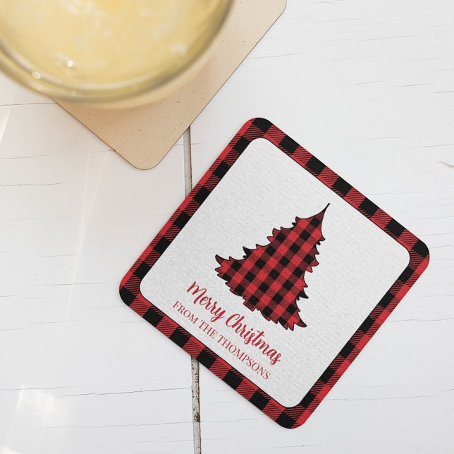 Anpassningsbarna Jul Party Buffalo Check Underlägg Papper Kvadrat (Merry Christmas holiday Buffalo check Christmas Tree Party paper coaster.)