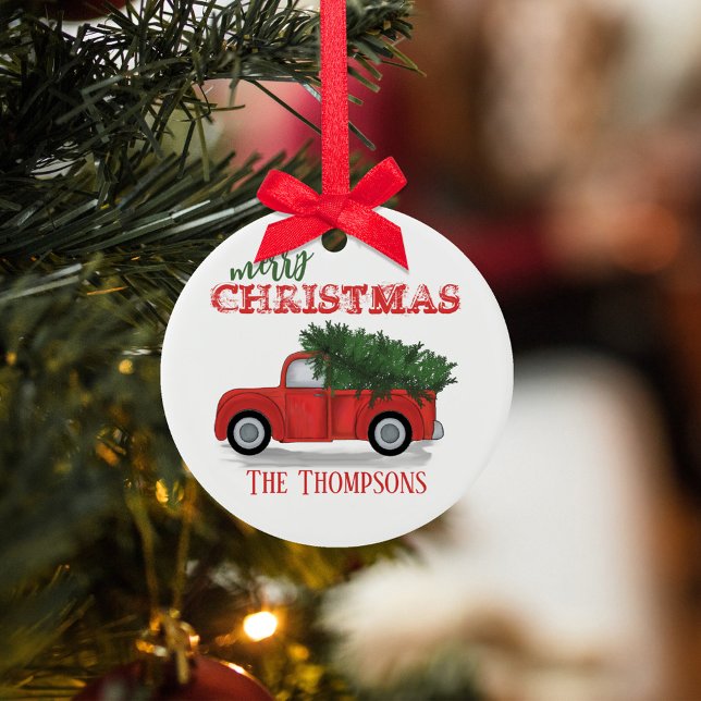 Anpassningsbarna Jul Rustic Photo Red Lastbil Helg Julgransprydnad Keramik (Christmas rustic vintage style red truck ceramic circle ornament. )