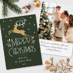 Anpassningsbarna Julrenar Foto Mörk grönt Guld Kort<br><div class="desc">Ett julkort för konstverk Deco stil,  med redigerbar text och ett eget foto för anpassningsbarna på baksidan. Den här snyggten har en renhet som går ut,  med dekorativa löv och stjärnor. Texten kan vara personlig med namn,  datum och hälsning. Färg: mycket mörk grönt,  vitt och guld färgad struktur.</div>