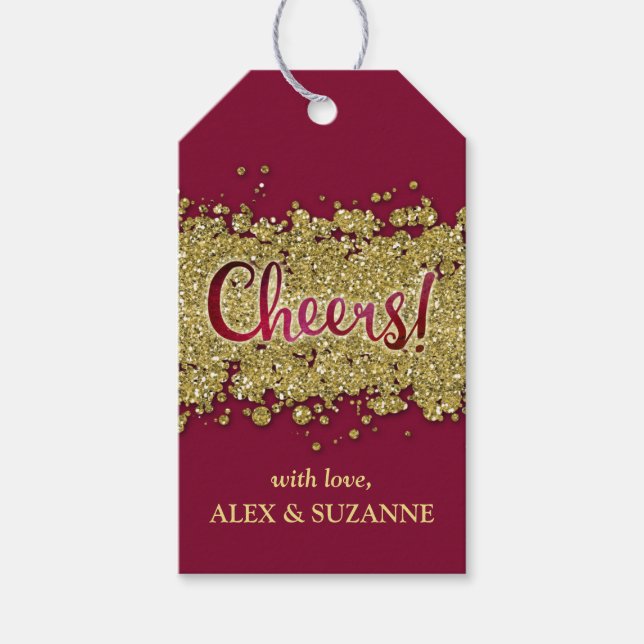 Anpassningsbarna Merlot/Guld Faux-Glitter Cheers Presentetikett (Framsidan)