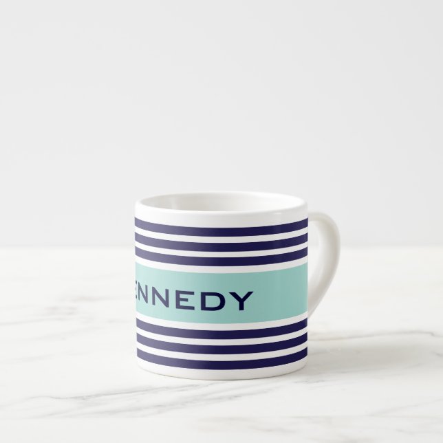 Anpassningsbarna Mint Grönt & Navy Blue Rand Monog Espressomugg (Framsida höger)
