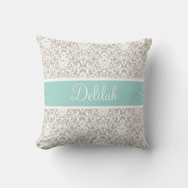 Anpassningsbarna Mint Tan White Damask Kudde (Framsida)