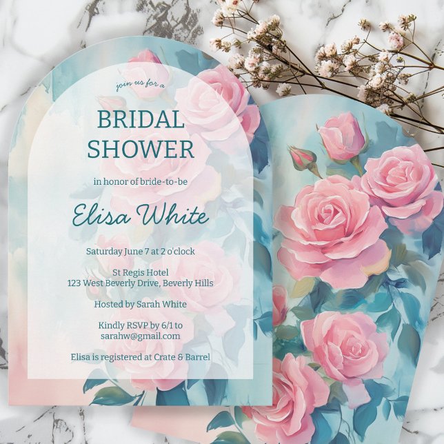 ANPASSNINGSBARNA Möhippa för rosa ros-målning, pil Inbjudningar (Pink Roses Painting Bridal Shower CUSTOM Arched Invitation
)