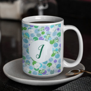 Anpassningsbarna Monogram för Cute Frog Art Blue W Kaffemugg