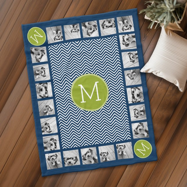 Anpassningsbarna Monogram för marin blå lixträd Fleecefilt (Personalized fleece blanket with photos and a monogram)