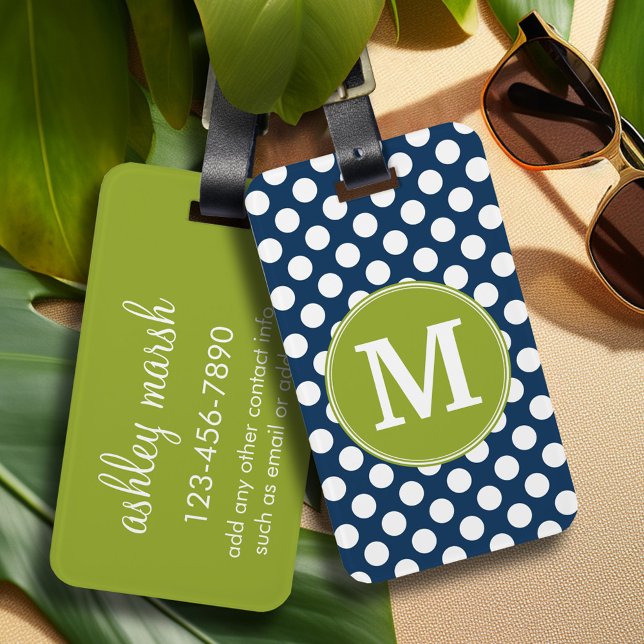 Anpassningsbarna Monogram för marin blå och limgrö Bagagebricka (Personalized luggage tag - vibrant colors and custom text)