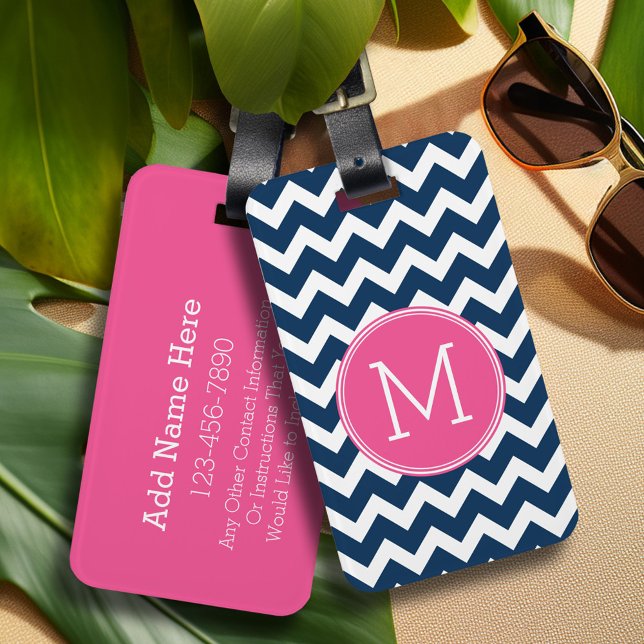 Anpassningsbarna Monogram för marin blå och Magent Bagagebricka (Personalized luggage tag - Add Your contact information and monogram)