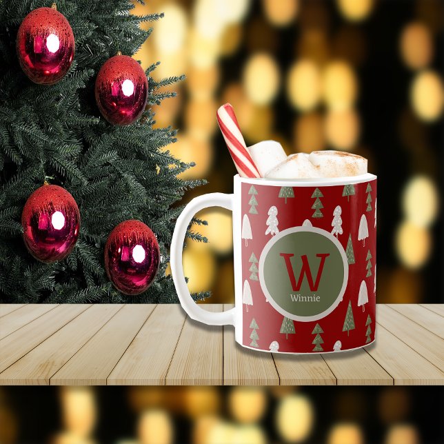 Anpassningsbarna Monogram och Namn i Träd i julkla Kaffemugg (Skapare uppladdad)