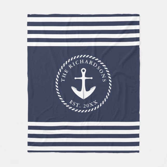 Anpassningsbarna Nautical Anchor Navy Blue and Whi Fleecefilt (Framsidan)