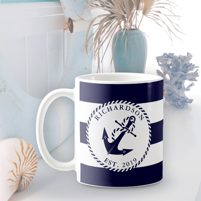 Anpassningsbarna Nautical Anchor Navy Blue and Whi Kaffemugg (Skapare uppladdad)