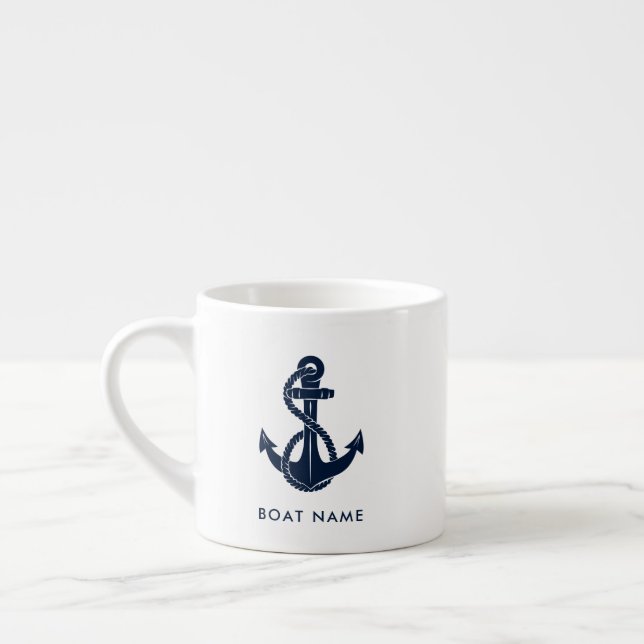 Anpassningsbarna Nautical Boat Namn Navy Blue Anch Espressomugg (Vänster)