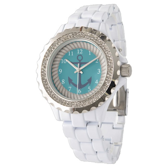 Anpassningsbarna Nautical White Rope and Navy Anch Armbandsur (Vinklad)