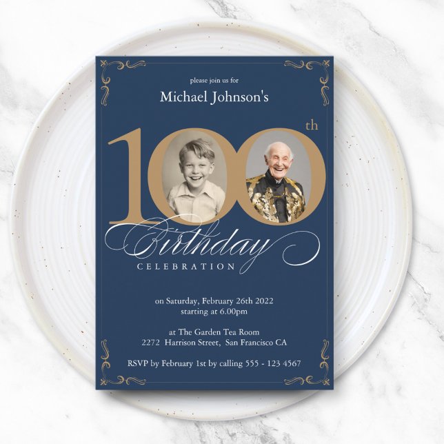 Anpassningsbarna Navy Blue Guld Photo 100:e Födels Inbjudningar (Navy Blue Gold Custom Photo 100th Birthday Party Invitation)