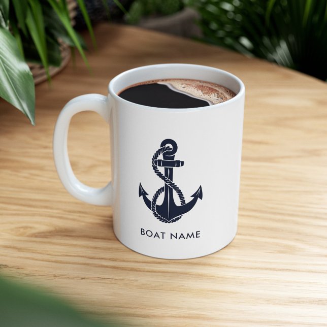 Anpassningsbarna Navy Blue Nautical Anchor Boat Na Två-Tonad Mugg (Nautical Boat Name Sailing White 11oz Custom Coffee Mug)