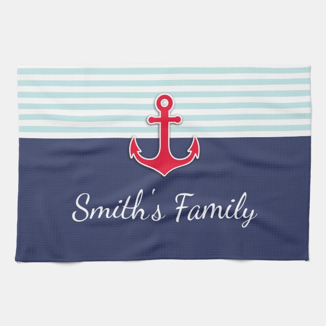 Anpassningsbarna Navy Blue Nautical Design Namn Kökshandduk (Horisontell)