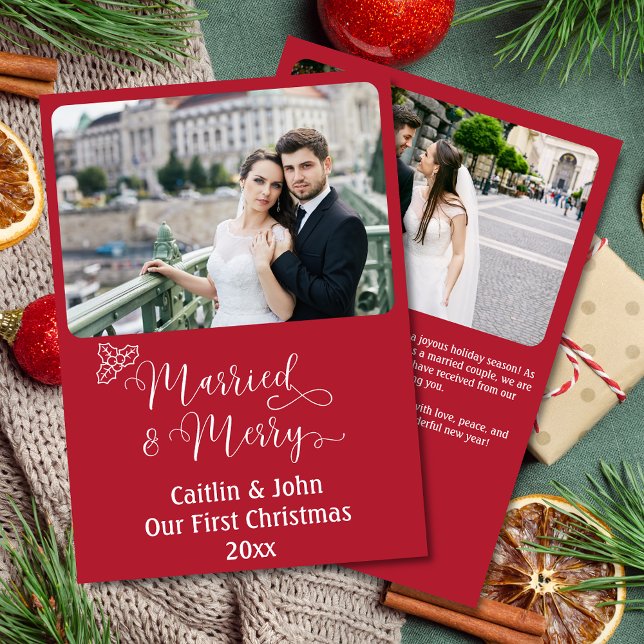 Anpassningsbarna Newlyweds första julröret Julkort (Married & Merry, Our First Christmas personalized 2-photo card with custom message on the back.)