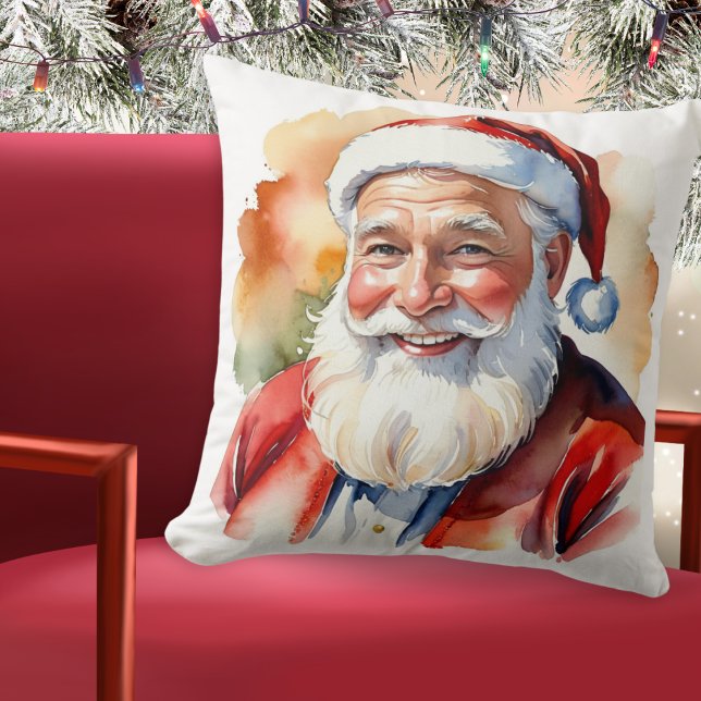 Anpassningsbarna pappa jul Jultomten Ansikte Portr Kudde (A pillow with picture of Santa in a watercolor style, 'Merry Christmas' greeting and custom text)