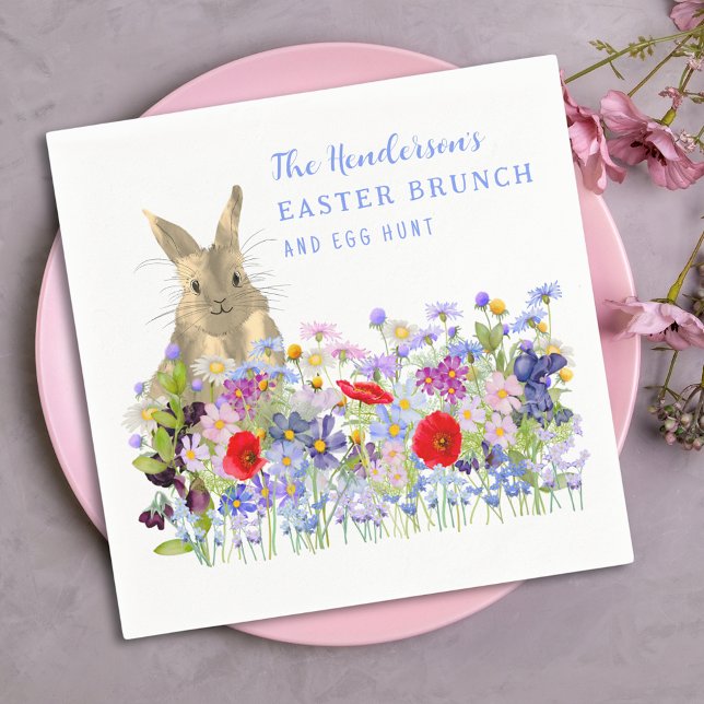 Anpassningsbarna påsk Brunch och Egg Hunt Blommigt Pappersservett (Easter brunch and egg hunt floral custom napkins watercolor wildflowers and cute bunny)