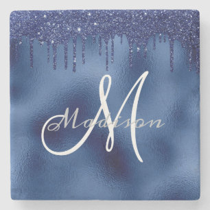 Anpassningsbarna personlig Navy Blue Glitter Monog Stenunderlägg