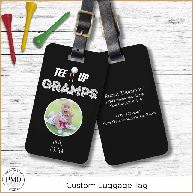 Anpassningsbarna Photo Fars dag Black, uppåt, Gram Bagagebricka (Tee It Up Gramps Custom Photo Black Golf Luggage Tag with Child or Pet Photo, Name, Contact Info.)
