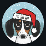 Anpassningsbarna Piebald Dachshund Santa Cute Wien Runt Klistermärke<br><div class="desc">Sprid helgdag munter med det här vackra julklistermärket! Dekalen har en illustrerad piebald-dachshund med en ljusröd tomtehatt med vit trim. HO HO kan vara personlig med namn eller annan text. Dessa skal- och klistermärken kan användas för att försegla kuvert eller paket för helgdagarna på ett sött och festligt sätt. Kolla...</div>