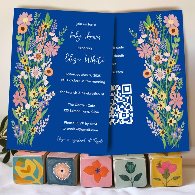 Anpassningsbarna QR-kod Babykläder för jokblommor, Inbjudningar (Wildflowers Handpainted Custom QR code Baby Shower Invitation
)
