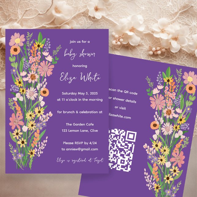 Anpassningsbarna QR-kod Babykläder för jokblommor, Inbjudningar (Wildflowers Handpainted Custom QR code Baby Shower Invitation Purple
)