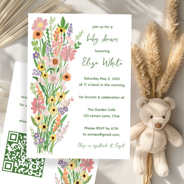 Anpassningsbarna QR-kod Babykläder för jokblommor, Inbjudningar (Wildflowers Handpainted Custom QR code Baby Shower Invitation
)