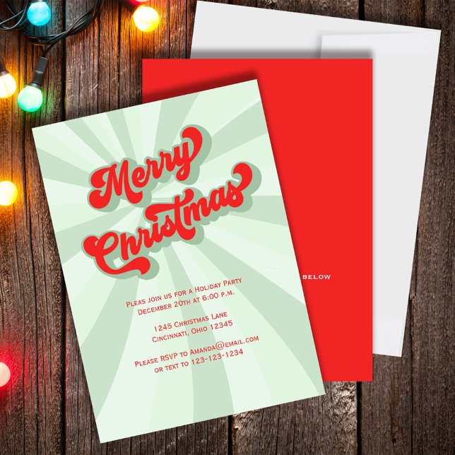 Anpassningsbarna Red Grönt Retro God jul Inbjudningar (Merry Christmas Holiday party invitation with green and red retro-style typography.)