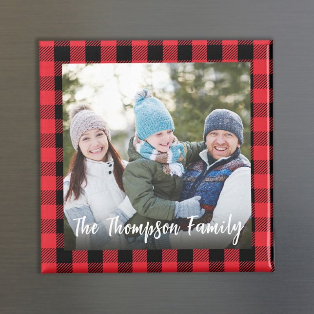 Anpassningsbarna Red jul Photo Buffalo Check Magnet (Simple buffalo check photo calligraphy script magnet.)