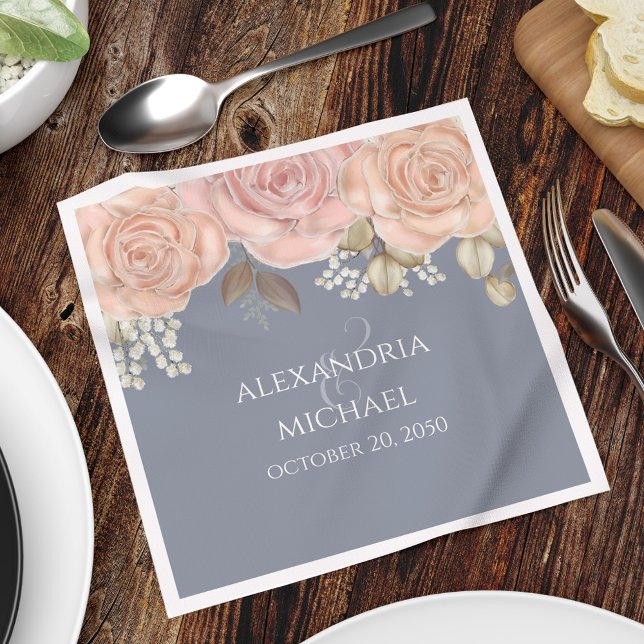 Anpassningsbarna  Rosa Blommigt Blue Bröllop Pappersservett (Elegant dusty blue and rose gold floral design customized wedding napkin. )