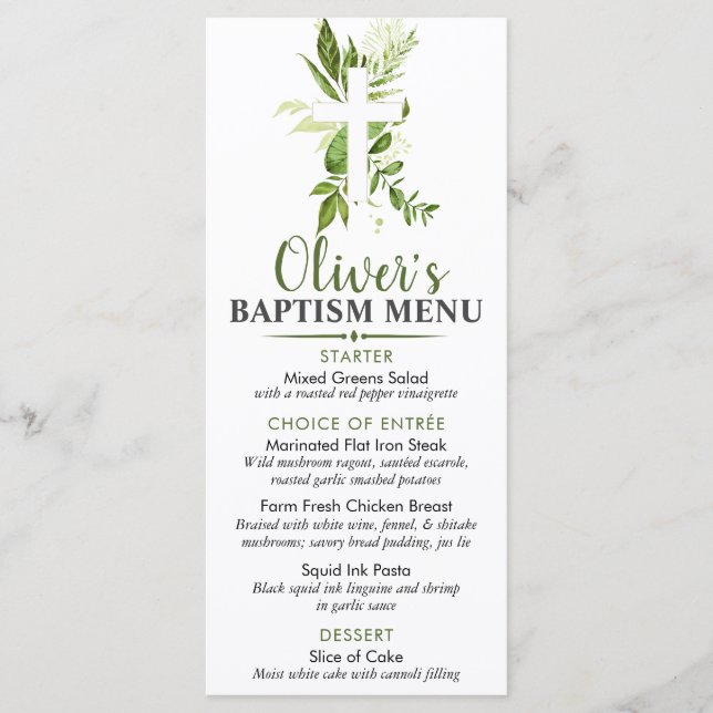 Anpassningsbarna Rustic Greenery Kor Boy Baptism Meny (Framsida)