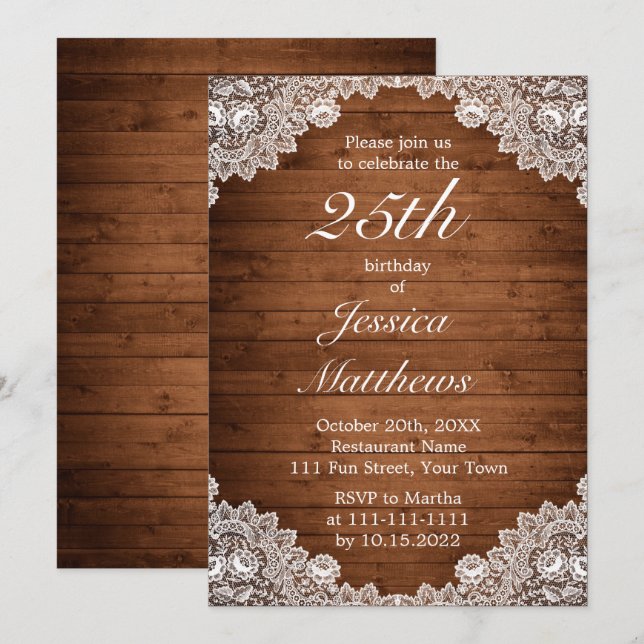 Anpassningsbarna Rustic Wood & White Snöre Inbjudningar (Fram/baksida)
