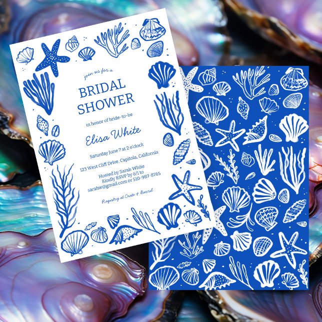 Anpassningsbarna Seashells Ram Möhippa Blue Beach Inbjudningar (Seashells Frame Bridal Shower Blue Beach CUSTOM Invitation
)