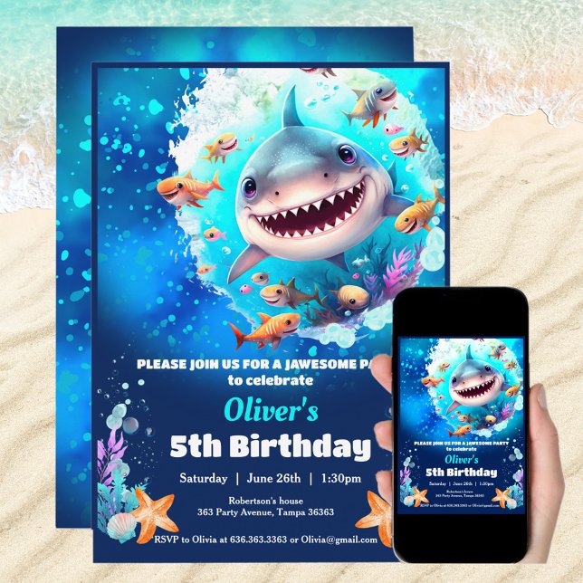 Anpassningsbarna Shark Bassäng Födelsedagsfest Boy Inbjudningar (Shark Birthday Pool Party Boy custom age Invitation)