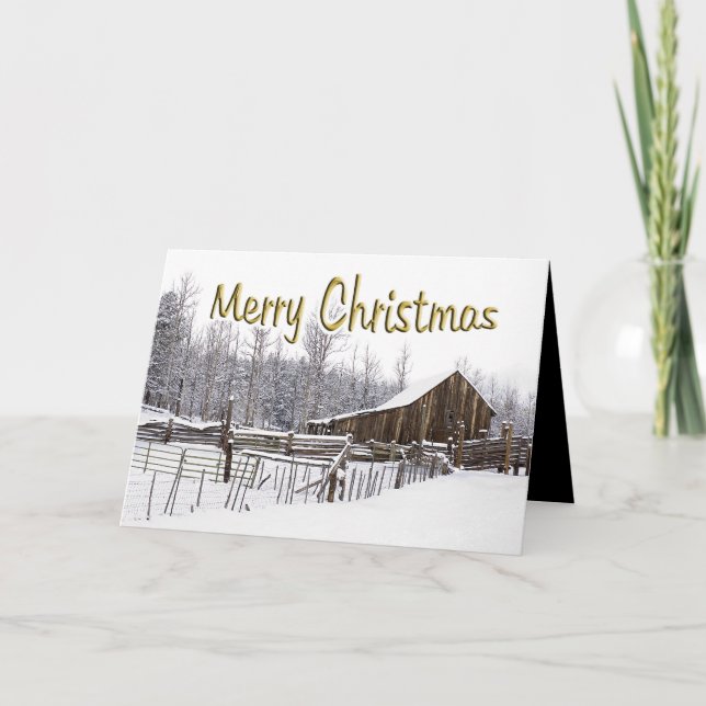 Anpassningsbarna Snowy jul Rustic Barn Typography Helgkort (Framsida)