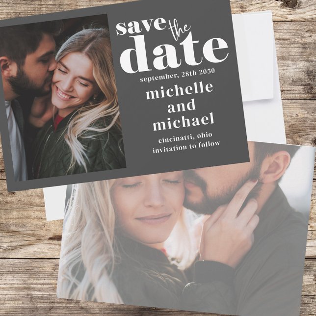 Anpassningsbarna Spara datum i Modern Bröllop-foto Datumet (Double-sided photo wedding save the date card)