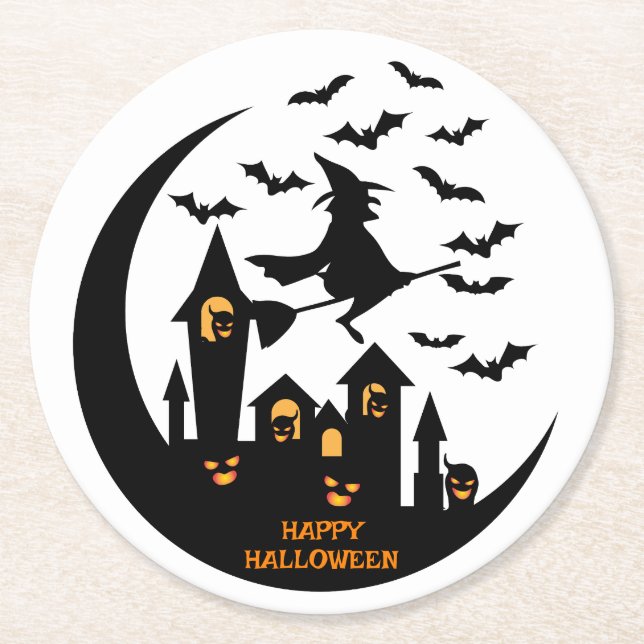 Anpassningsbarna Spooky Fladdermus & Witch Happy h Underlägg Papper Rund (Framsidan)