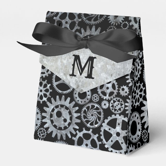 Anpassningsbarna Steampunk Silver Zinc Gears Monog Presentaskar (Framsidan Sidan)