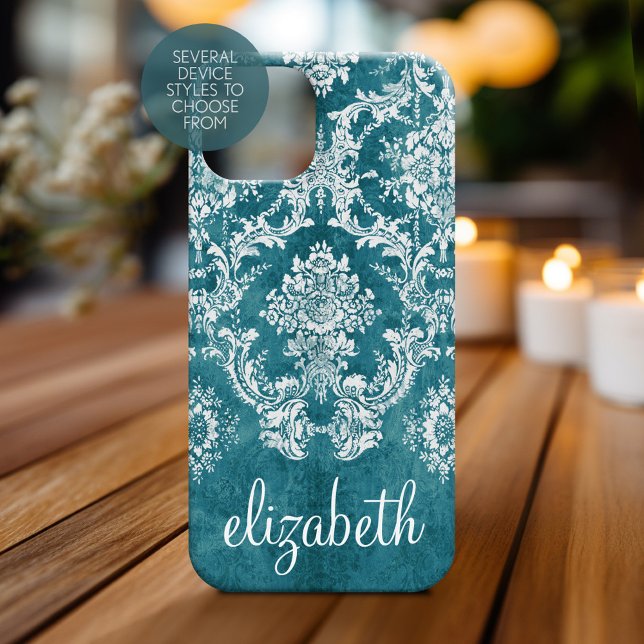 Anpassningsbarna Turcos Grungy Damask Pattern (Personalized Phone Case - Shabby Chic Vintage Damask Pattern with Custom Name)