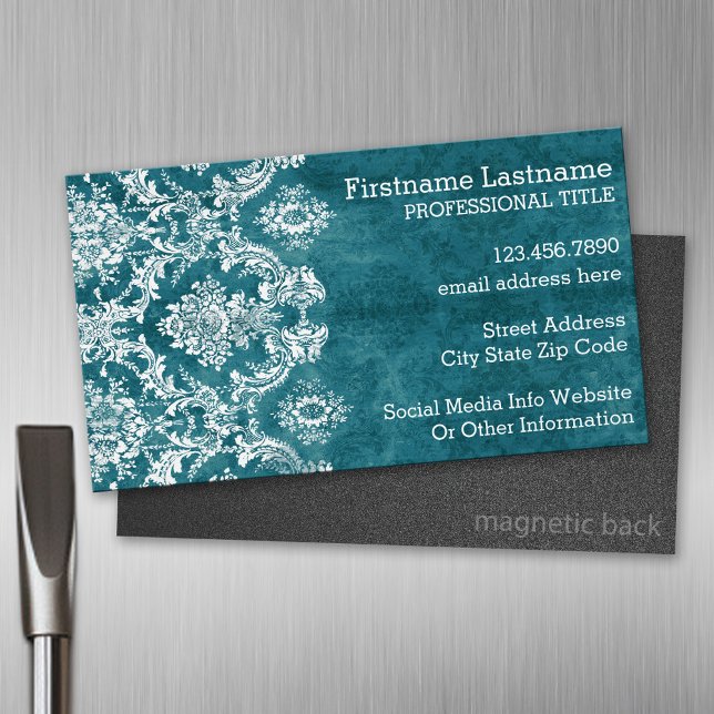 Anpassningsbarna Turcos Grungy Damask Pattern Magnetiska Visitkort (Custom Business Card Magnet)