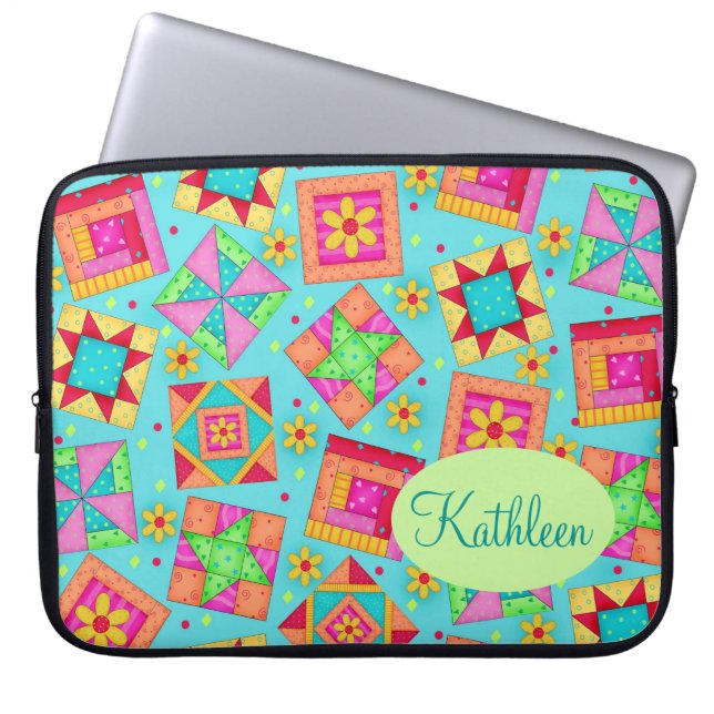 Anpassningsbarna Turkos Colorful Patchwork Quilt B Laptop Fodral (Framsidan)