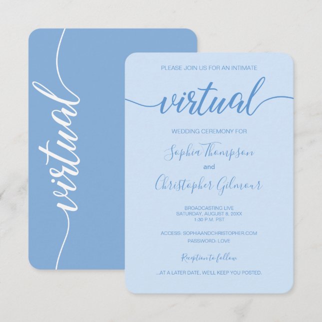 Anpassningsbarna VIRTUELLARE Bröllop Dusty Blue Ch Inbjudningar (Fram/baksida)